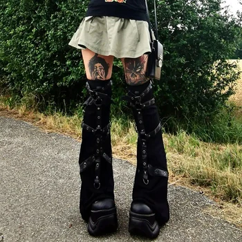 Гетры на щиколотках в стиле панк, черные гетры с металлической пряжкой, вязаные гетры до колена, носки для ботинок для женщин