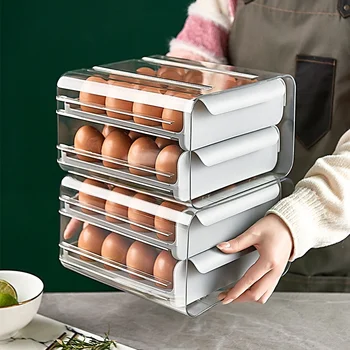 Держатель для яиц с 32 сетками, Пластиковый выдвижной ящик для хранения, двухслойный контейнер для яиц, стойкая к падению коробка для холодильника