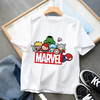 Детская футболка Marvel с супергероями из мультфильмов Kawaii, Повседневная одежда Для малышей, Футболка с изображением Мстителей Для девочек и Мальчиков, Модные Топы Для Маленьких Детей