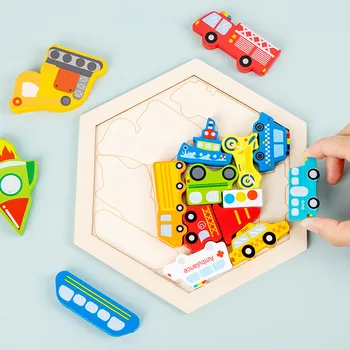 Детские 3D мультяшные деревянные пазлы, Милые животные, фрукты, динозавр, Транспортные развивающие игрушки в форме шестиугольника