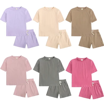 Детский комплект из 2 предметов Для мальчиков и девочек, Корейская спортивная футболка, Новинка 2023 года, летняя однотонная одежда с короткими рукавами, Детский топ + шорты