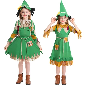 Детский Костюм кукольного пугала, косплей для девочек, зеленое поддельное платье с кисточками из двух частей, маскировка на Хэллоуин