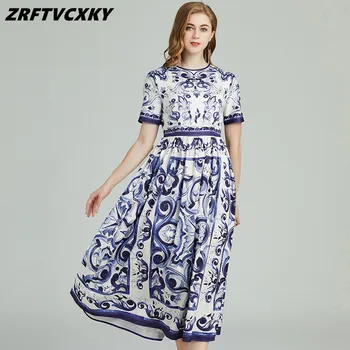 Дизайнерское женское летнее платье с круглым вырезом, Мода 2023, Короткий рукав, Сине-белый фарфоровый принт, Платье миди для отдыха с высокой талией