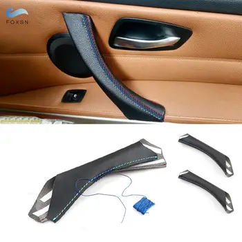 Для BMW 3 серии E90 E91 3 шт. LHD/RHD Кожа из микрофибры Внутренняя дверная ручка автомобиля, накладка на панель, черный с красной синей линией
