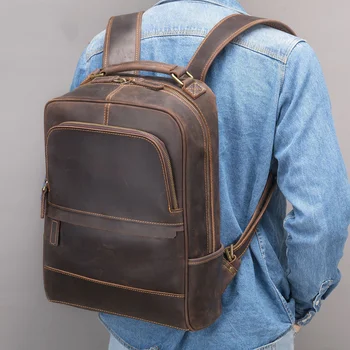 дропшиппинг, кожаный рюкзак, винтажные рюкзаки для мужчин, мужская дорожная сумка crazy horse, кожаный мужской рюкзак формата А4, школьная сумка 14 дюймов