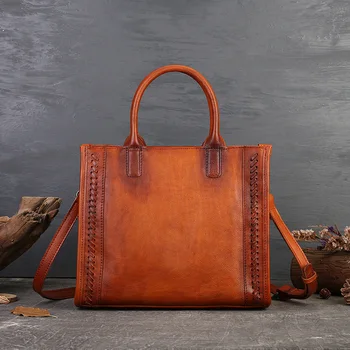 Женская Офисная сумка из натуральной кожи, женская Квадратная сумка в стиле ретро с тесьмой, Коричневый деловой портфель Большой Емкости, Винтажный женский Шоппер