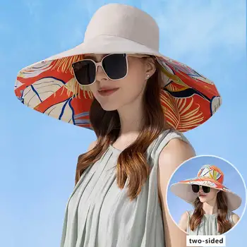 женская Солнцезащитная шляпа 18 см с большими полями, Роскошная двусторонняя хлопковая кепка-ведро с растительной печатью, легкая дышащая летняя верхняя шляпа