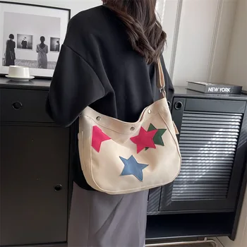 Женская сумка со звездами для девочек, сумка через плечо, модная холщовая сумка для книг, шоппинг