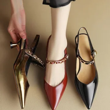 Женские босоножки с острым носком, черная Металлическая цепочка, тонкие туфли на высоком каблуке с ремешком сзади, Модные вечерние туфли-лодочки, Модельные туфли, Женские 34-39