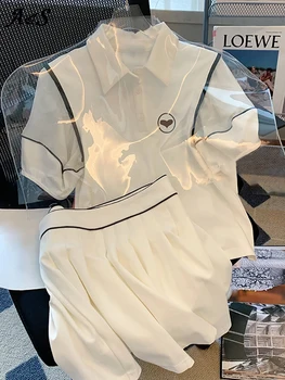 Женский летний вечерний наряд, белый топ с короткими рукавами и плиссированная юбка, повседневная одежда из двух предметов, теннис и гольф, SPO