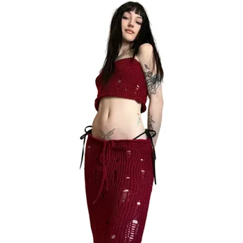 Женский новый летний модный комплект с перфорированным сексуальным ремешком, вязаный комплект без рукавов, приталенный, с высокой талией, с запахом на бедрах