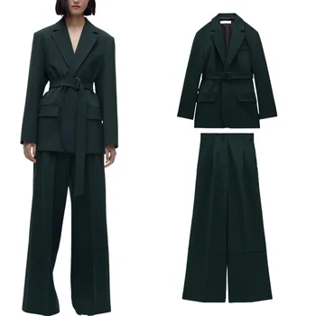 Женский повседневный костюм 2023, модный офисный костюм, куртка с длинными рукавами, топ, брюки, повседневный комплект для поездок на работу с поясом, прямой пиджак