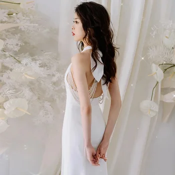 Женское Белое атласное свадебное платье с открытой спиной, Элегантное Свадебное платье Русалки на бретелях, vestido de noiva