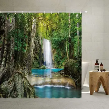 Занавеска для душа с пейзажем лесного водопада, природные пейзажи, эстетичная ткань, домашний художественный декор, тканевая занавеска для ванной комнаты с крючками