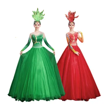 Зеленый, красный, Розовый Танцевальный костюм для женщин, Шелковое платье с длинным рукавом, Праздничная одежда, Новогоднее представление
