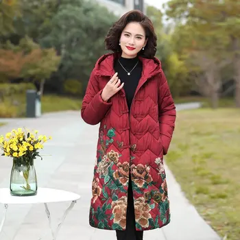 Зимняя куртка, женская парка с капюшоном, Длинное пальто с цветочным принтом, зимнее пальто с хлопковой подкладкой, женская теплая утепленная Jaqueta Feminina