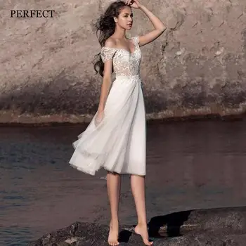 Идеальные Простые Короткие свадебные платья с короткими рукавами, кружевные аппликации, Пляжные свадебные платья с открытой спиной, чайной длины на заказ