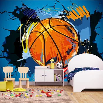 Изготовленные на заказ 3D фотообои, Современный простой баскетбольный плакат с разбитой стеной, граффити, Настенная живопись, Рулон обоев из нетканого материала