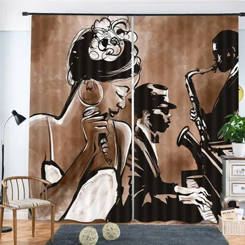 Иллюстрация джазовой группы, играющей блюз в Нью-Йорке при лунном свете, Шторы в стиле ретро для детей, шторы для мальчиков, гостиная