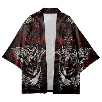 Кардиган, Топы с принтом дракона и Тигра, Модные пляжные рубашки Размера Плюс, Традиционный японский хаори
