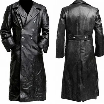Качественный зимний Длинный тренч на пуговицах, мужская деловая верхняя одежда, модное офицерское пальто премиум-класса, черная винтажная куртка из искусственной кожи, мужской топ