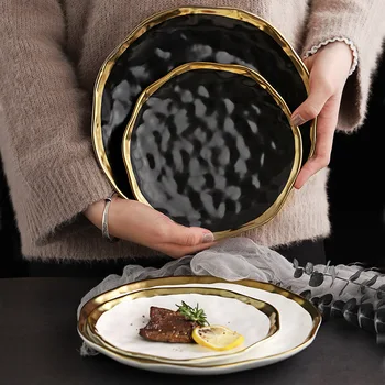 Керамическая тарелка в скандинавском стиле, черная тарелка, керамическая тарелка для салата, фруктов, десерта, фарфоровая посуда для украшения Рождества и вечеринок