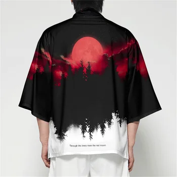 Кимоно с 3D принтом Луны, мужские и женские топы в стиле Харадзюку, традиционная японская одежда, Черные лесные халаты, Свободные кимоно
