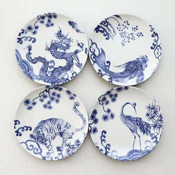 Китайские Керамические Обеденные Тарелки, Голубая и белая Фарфоровая посуда для животных, Тарелка для Стейка, Десертные блюда, Креативная Кухонная посуда