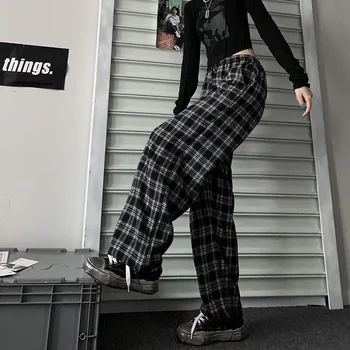 Клетчатые брюки Harajuku с высокой талией, женские брюки в корейском стиле Bf, повседневные универсальные брюки с широкими штанинами, свободные спортивные брюки с завязками