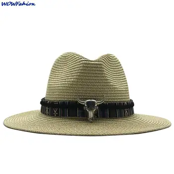 Ковбойская шляпа в западном стиле для женщин, мужчин, летняя соломенная шляпа с широкими полями, украшающая голову коровы, шляпа для улицы, сомбреро, ковбойская шляпа