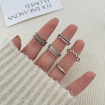 Кольца-цепочки из Стерлингового Серебра 925 пробы с геометрическим рисунком для женщин и мужчин, простой дизайн, Модное Открытое Регулируемое кольцо для пары ручной работы, подарок
