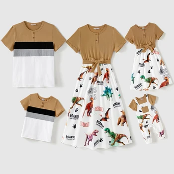 Комплекты хлопчатобумажных футболок с короткими рукавами и пуговицами спереди в цветную клетку для семьи PatPat и платьев с рисунком динозавра и букв