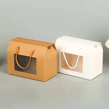 Коробка из крафт-бумаги с окошком, Портативная Веревочная Складная Коробка для упаковки маленьких печенья и фруктов, Подарочные пакеты с ручками