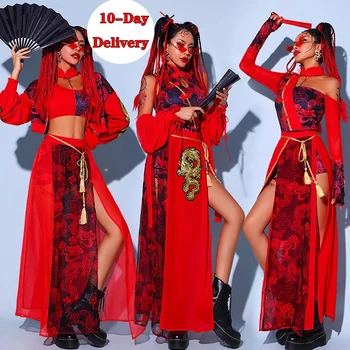 Красные праздничные наряды Хип-хоп Одежда для взрослых Танцевальные сценические костюмы Gogo Женская одежда для джазовых выступлений В китайском стиле