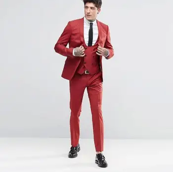 Красный приталенный смокинг для свадебной вечеринки, мужские костюмы, сшитый на заказ блейзер, мужской костюм Terno Masculino, 3 предмета (куртка + брюки + жилет)