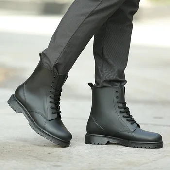 Летние модные непромокаемые мужские непромокаемые ботинки из ПВХ на шнуровке, нескользящая Черная Грязевая обувь, Резиновые мужские Непромокаемые ботинки 36-41