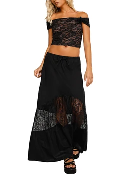 Летняя женская одежда из 2 предметов, укороченный топ на бретельках и облегающая Длинная юбка, винтажный клубный праздничный комплект из 2 предметов, черное кружево