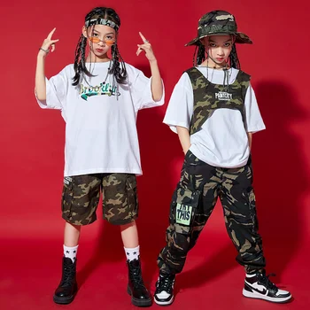 Летняя одежда в стиле хип-хоп для мальчиков и девочек, детские камуфляжные брюки-карго, модная детская одежда для джазовых выступлений