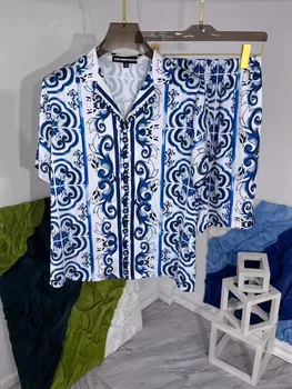 Летняя Шикарная Мужская Повседневная рубашка с цветочным принтом + пляжные шорты, комплект из двух предметов C695