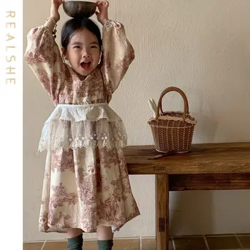 Милое платье для девочек 2023, Новое осеннее кружевное платье принцессы с длинными рукавами и цветочным рисунком, детское платье для девочек 2-6 лет, детская одежда