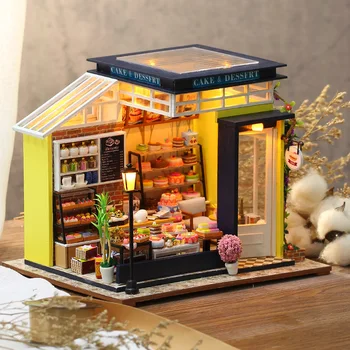 Миниатюрный домик своими руками со светодиодной моделью Мебели Строительные блоки Деревянные Игрушки для детей Casa De Boneca DIY Cake Shop Them
