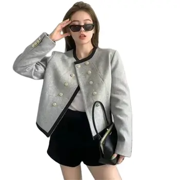 Модная короткая женская куртка 2022, весна-осень, новая верхняя одежда, топы корейского контрастного цвета, двубортное пальто с круглым вырезом