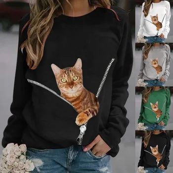 Модный весенне-осенний свитер с рисунком кота с длинными рукавами и круглым вырезом, Женский облегающий топ