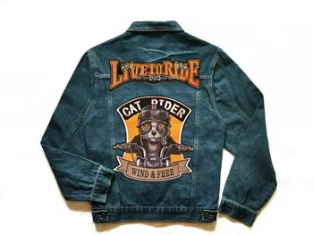 Мотоциклетная мужская классическая высококачественная байкерская куртка из синего денима, джинсовое пальто с вышивкой Cat Rider, большая нашивка, Весенне-осенняя верхняя одежда