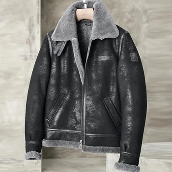 Мужская куртка-бомбер из овчины B3, Кожаная куртка, Короткий стиль с черным Отворотом