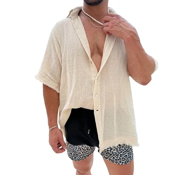 Мужская однотонная пляжная рубашка на пуговицах с коротким рукавом и отложным воротником - стильный летний повседневный топ для отдыха