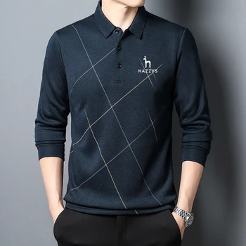 Мужская рубашка поло Hazzys в полоску с длинным рукавом, весенне-осенняя повседневная рубашка поло с воротником и принтом, корейская модная одежда