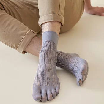 Мужские Повседневные Нейлоновые носки с пятью пальцами, Полые Сетчатые носки с широким Ртом, Прозрачные, Тонкие, дышащие, Однотонные, Повседневные