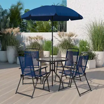 Набор для сада во внутреннем дворике из 6 предметов темно-синего цвета с зонтичным столиком и набором из 4 складных стульев, садовая мебель, мебель для патио