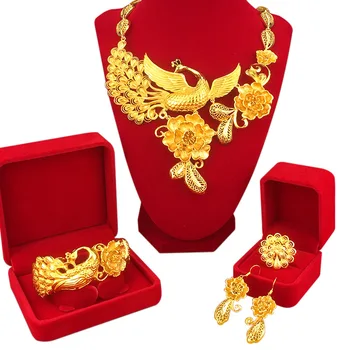 наборы ожерелий из желтого золота 24 карат для женщин, набор золотых ожерелий, Национальное свадебное ожерелье с Фениксом, женские комплекты украшений
